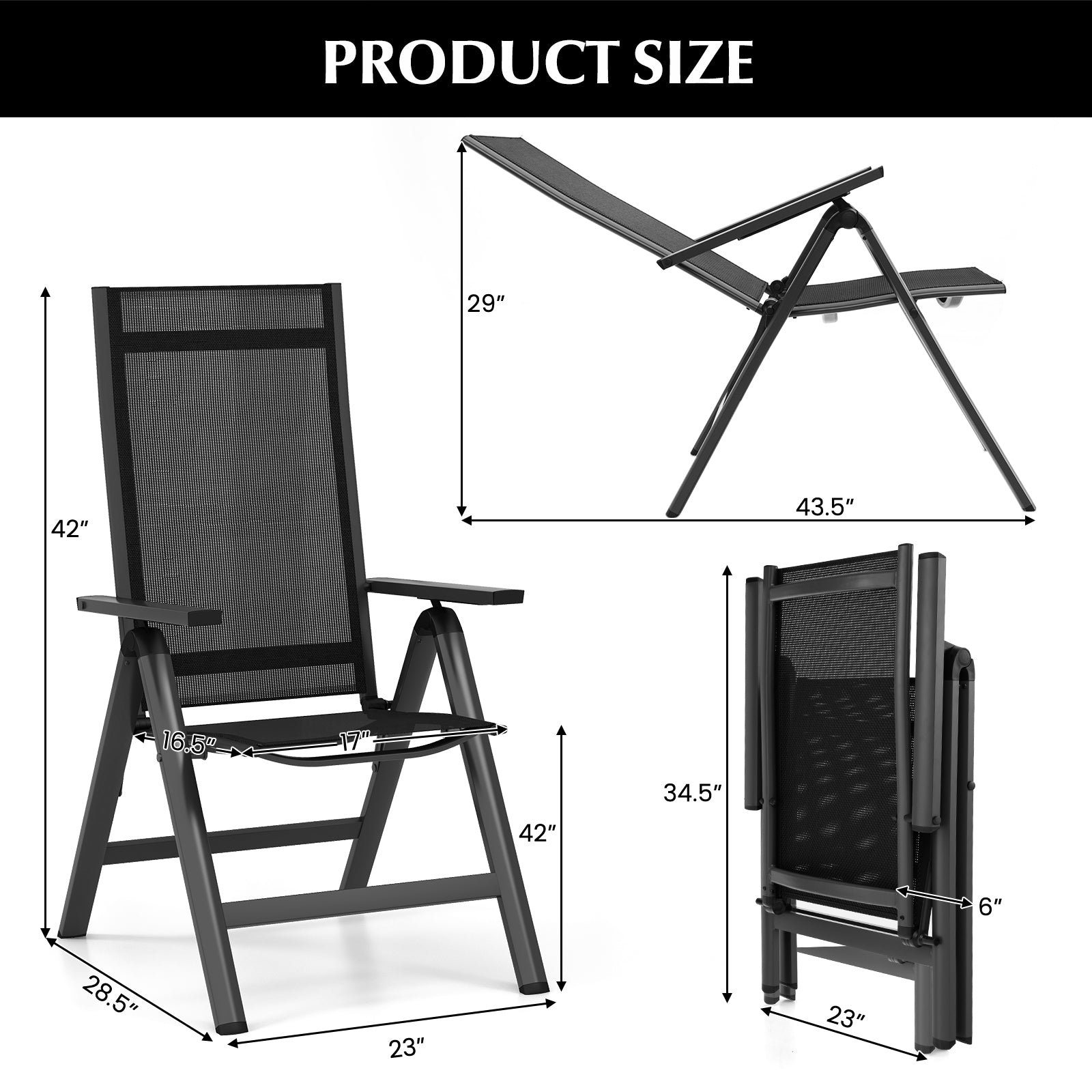 Outdoor Dining Chair with Soft Padded Seat and 7-Position Adjustable Backrest Set of 2, Black Patio Dining Chairs at Gallery Canada