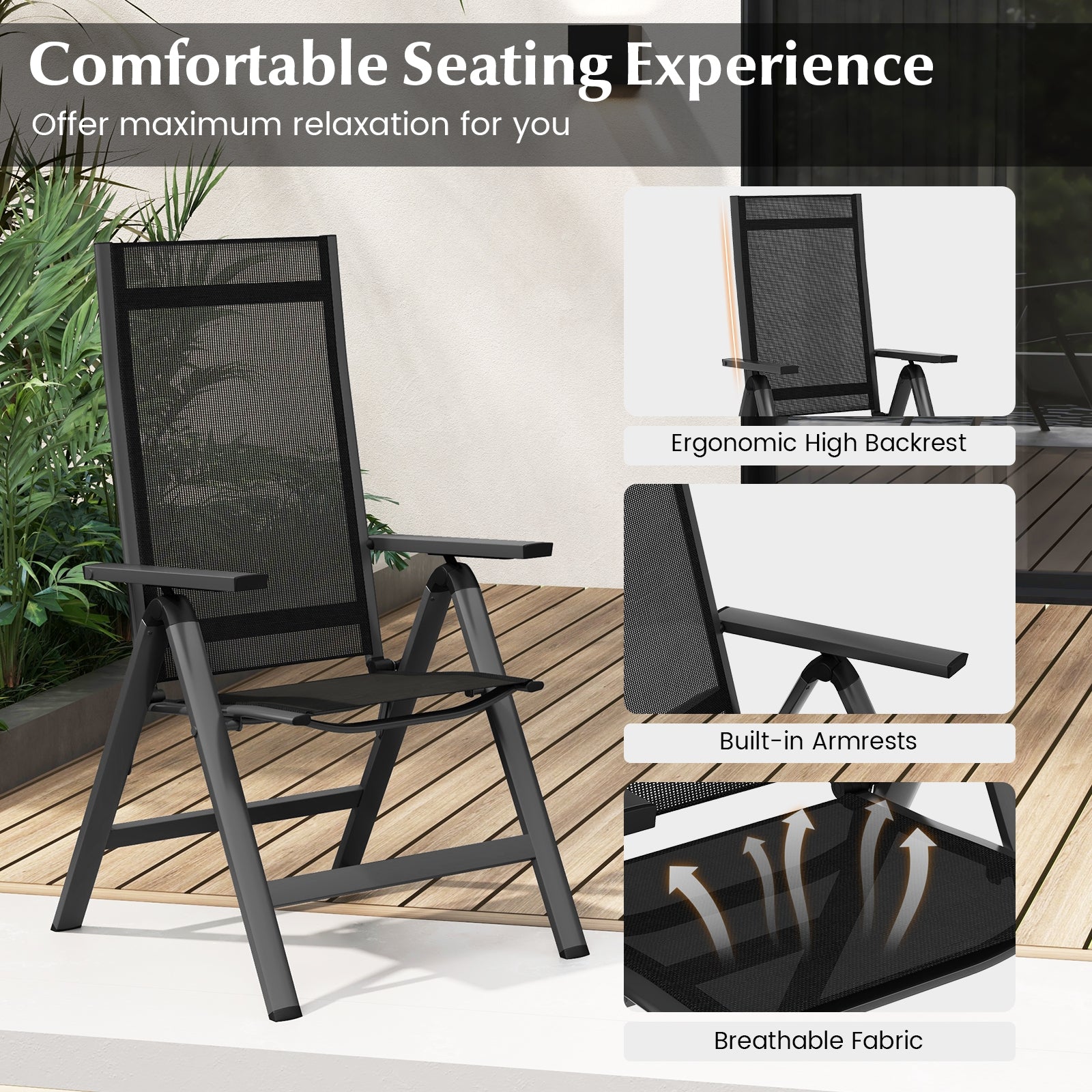Outdoor Dining Chair with Soft Padded Seat and 7-Position Adjustable Backrest Set of 2, Black Patio Dining Chairs at Gallery Canada