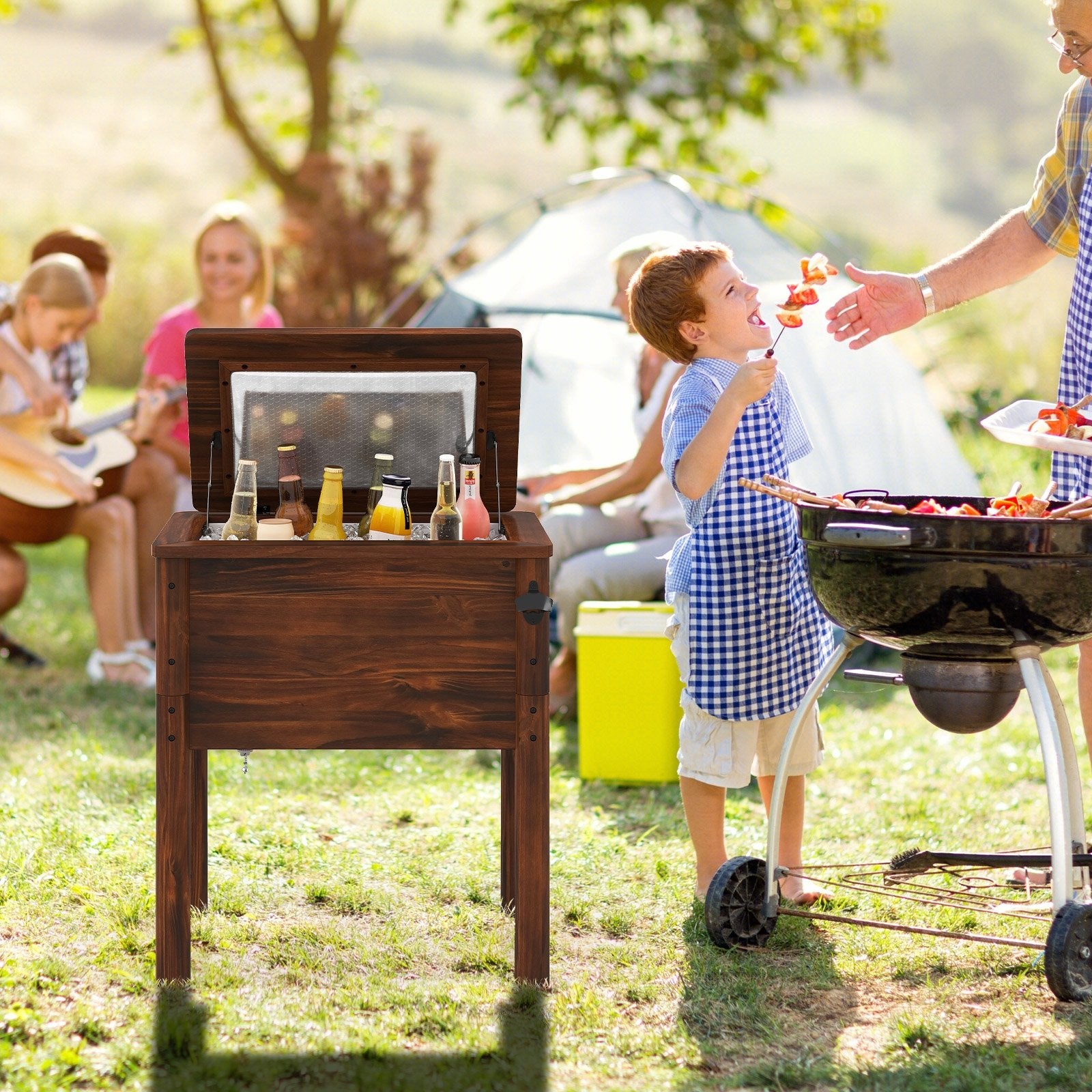 Wooden Patio Cooler with 3 Handles and Bottle Opener, Brown Coolers at Gallery Canada