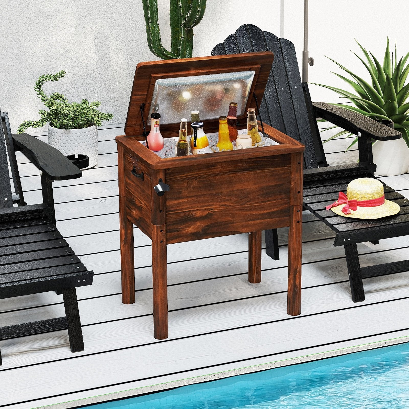 Wooden Patio Cooler with 3 Handles and Bottle Opener, Brown Coolers at Gallery Canada
