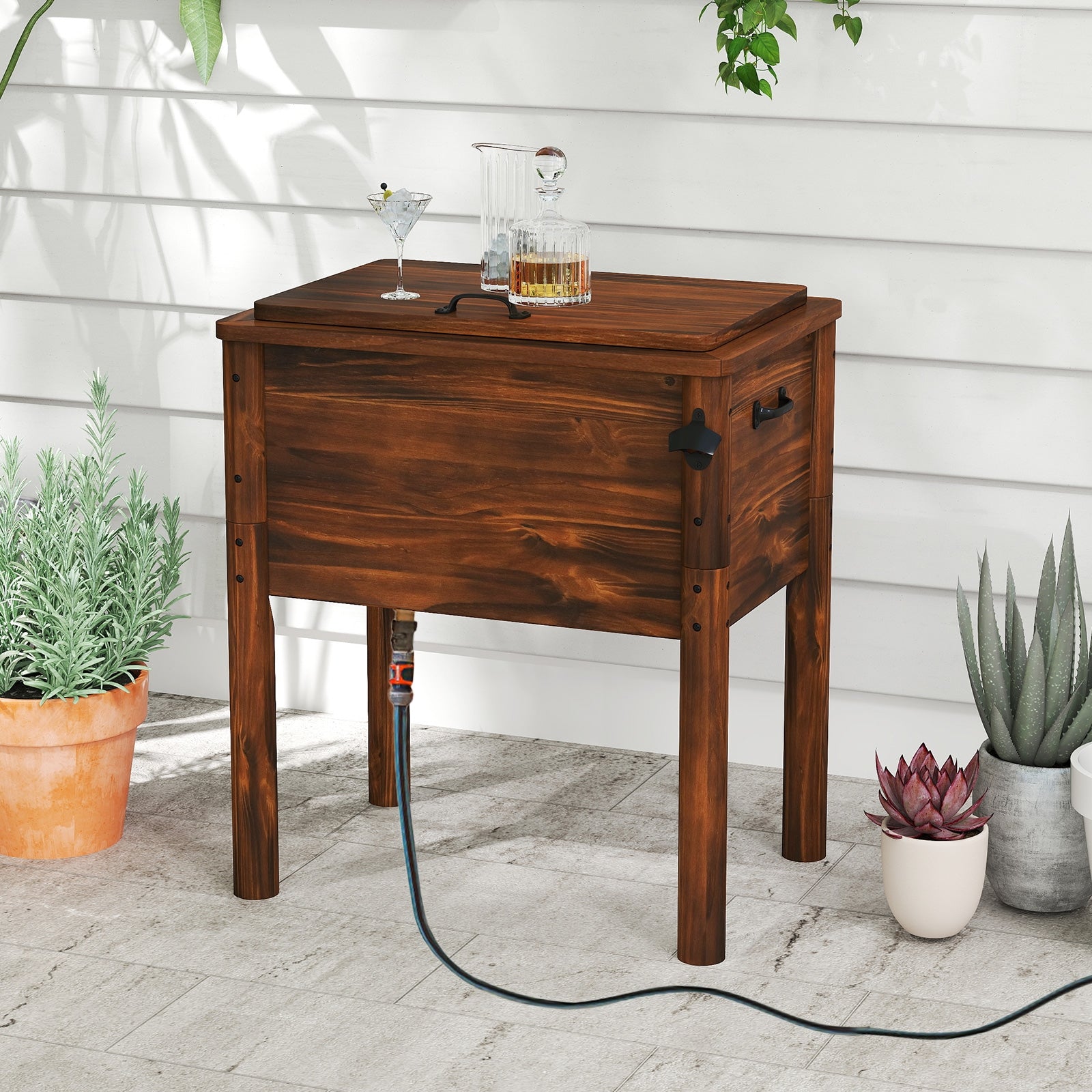 Wooden Patio Cooler with 3 Handles and Bottle Opener, Brown Coolers at Gallery Canada