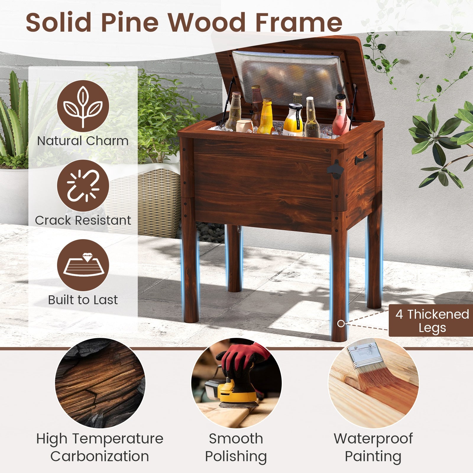 Wooden Patio Cooler with 3 Handles and Bottle Opener, Brown Coolers at Gallery Canada