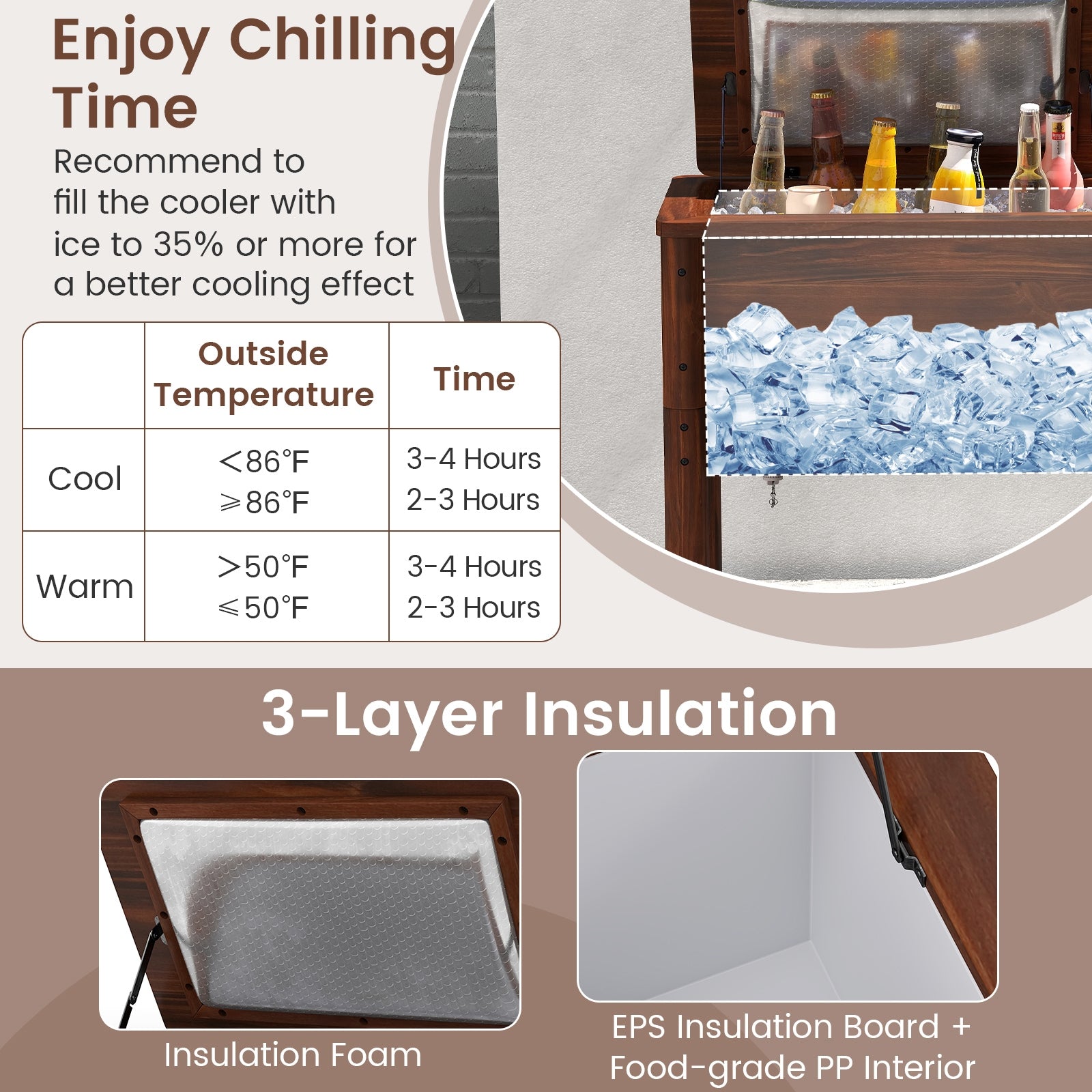 Wooden Patio Cooler with 3 Handles and Bottle Opener, Brown Coolers at Gallery Canada