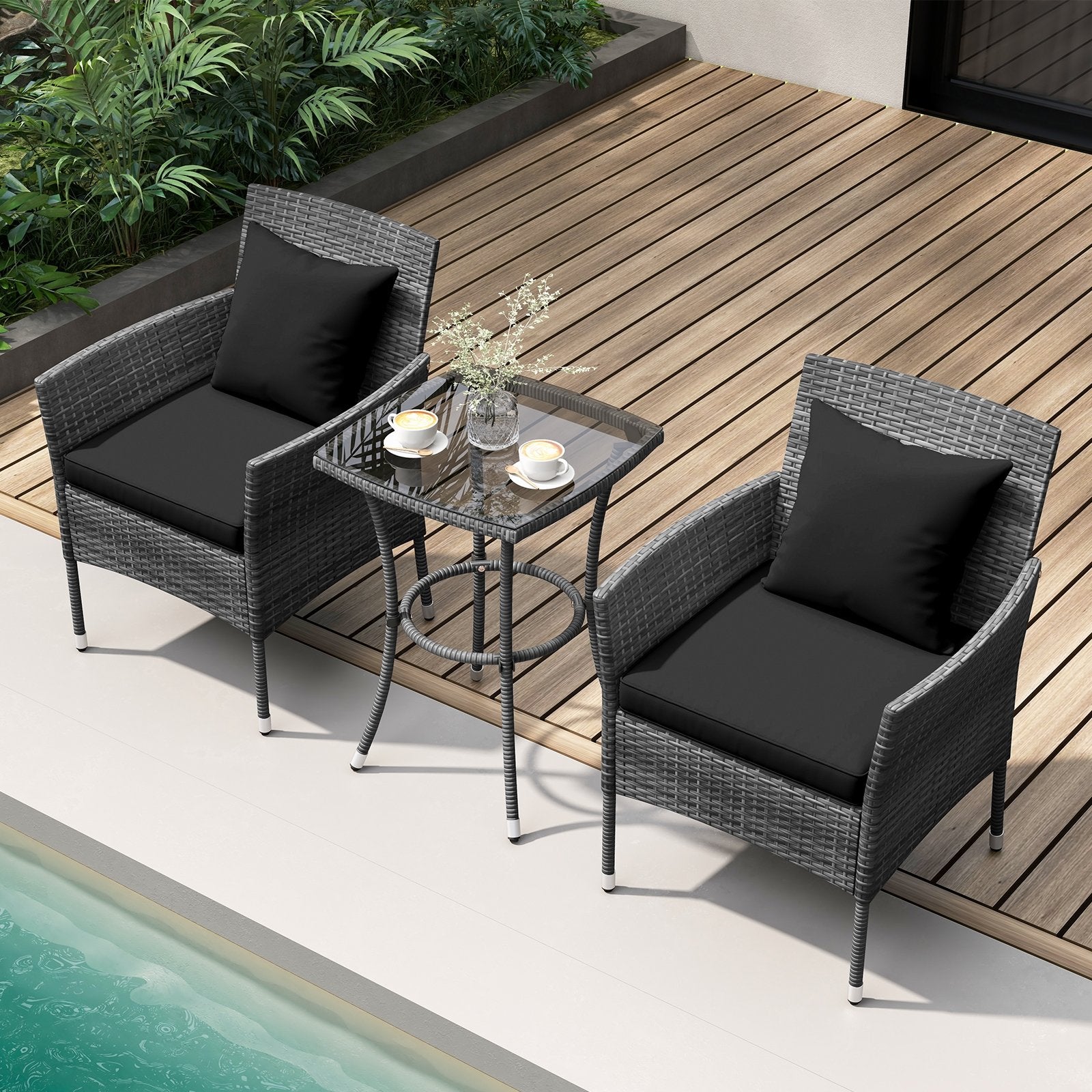 3 Pieces Patio Furniture Set with Cushioned Patio Chairs and Tempered Glass Coffee Table, Black Patio Conversation Sets at Gallery Canada