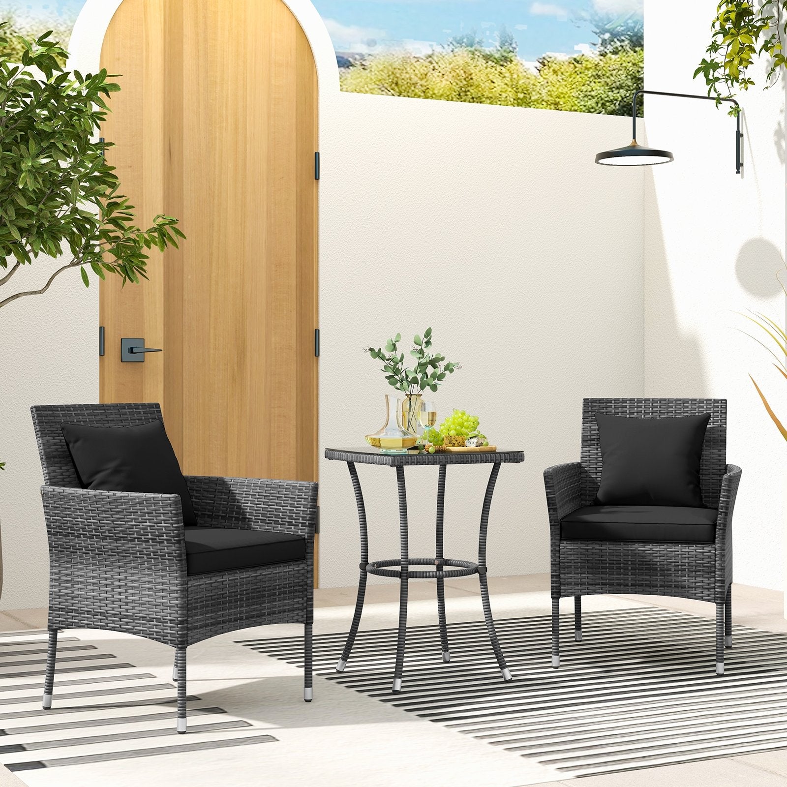 3 Pieces Patio Furniture Set with Cushioned Patio Chairs and Tempered Glass Coffee Table, Black Patio Conversation Sets at Gallery Canada