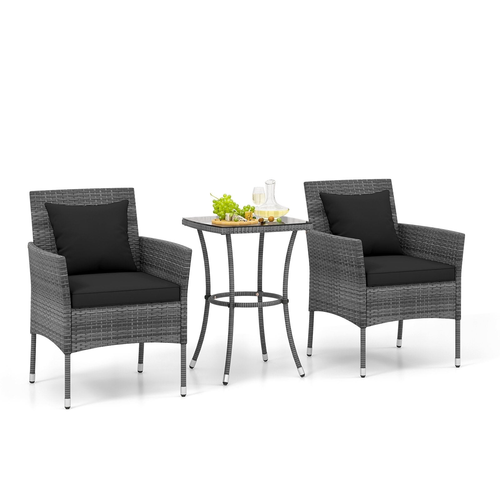 3 Pieces Patio Furniture Set with Cushioned Patio Chairs and Tempered Glass Coffee Table, Black Patio Conversation Sets Black at Gallery Canada
