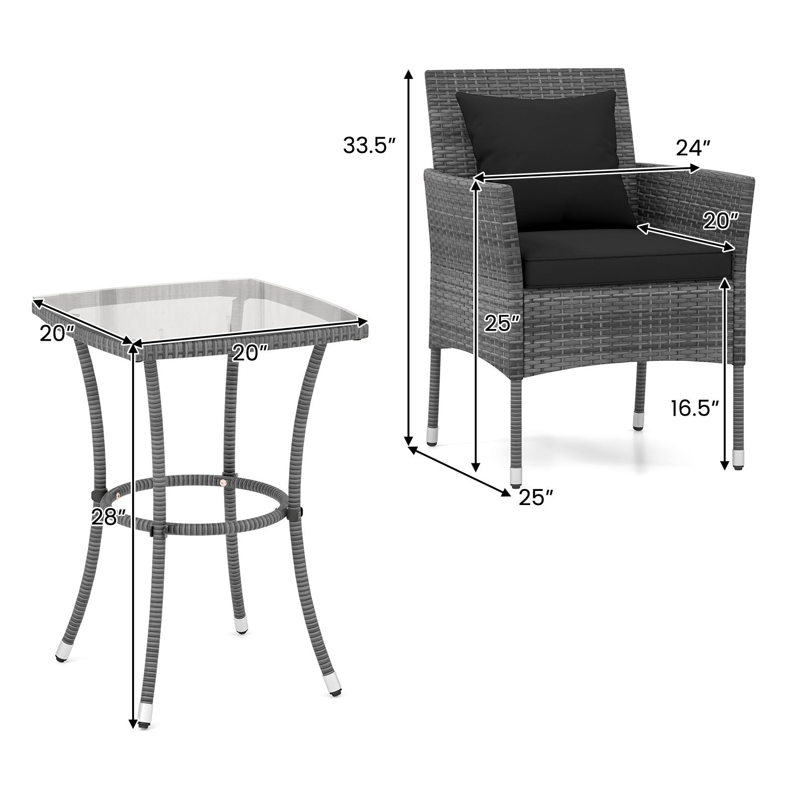 3 Pieces Patio Furniture Set with Cushioned Patio Chairs and Tempered Glass Coffee Table, Black Patio Conversation Sets at Gallery Canada