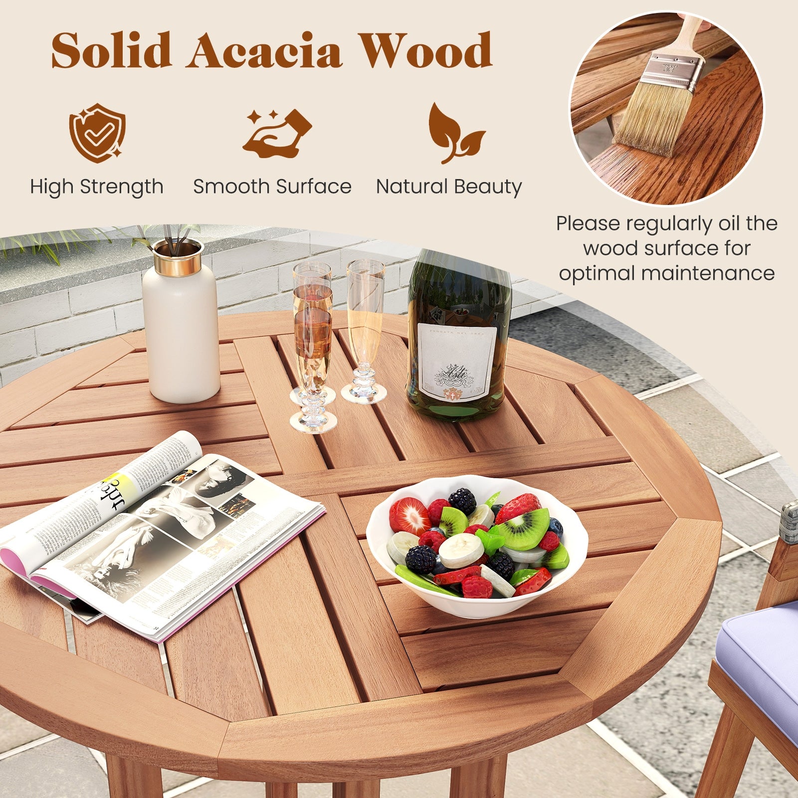 39 Inch Outdoor Acacia Wood Bar Table with Slatted Table Top, Natural Patio Bar Furniture at Gallery Canada