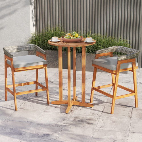 Set of 2 Patio Acacia Wood Counter Height Bar Stools with Cushions and PE Wicker Backrests Footrests, Gray