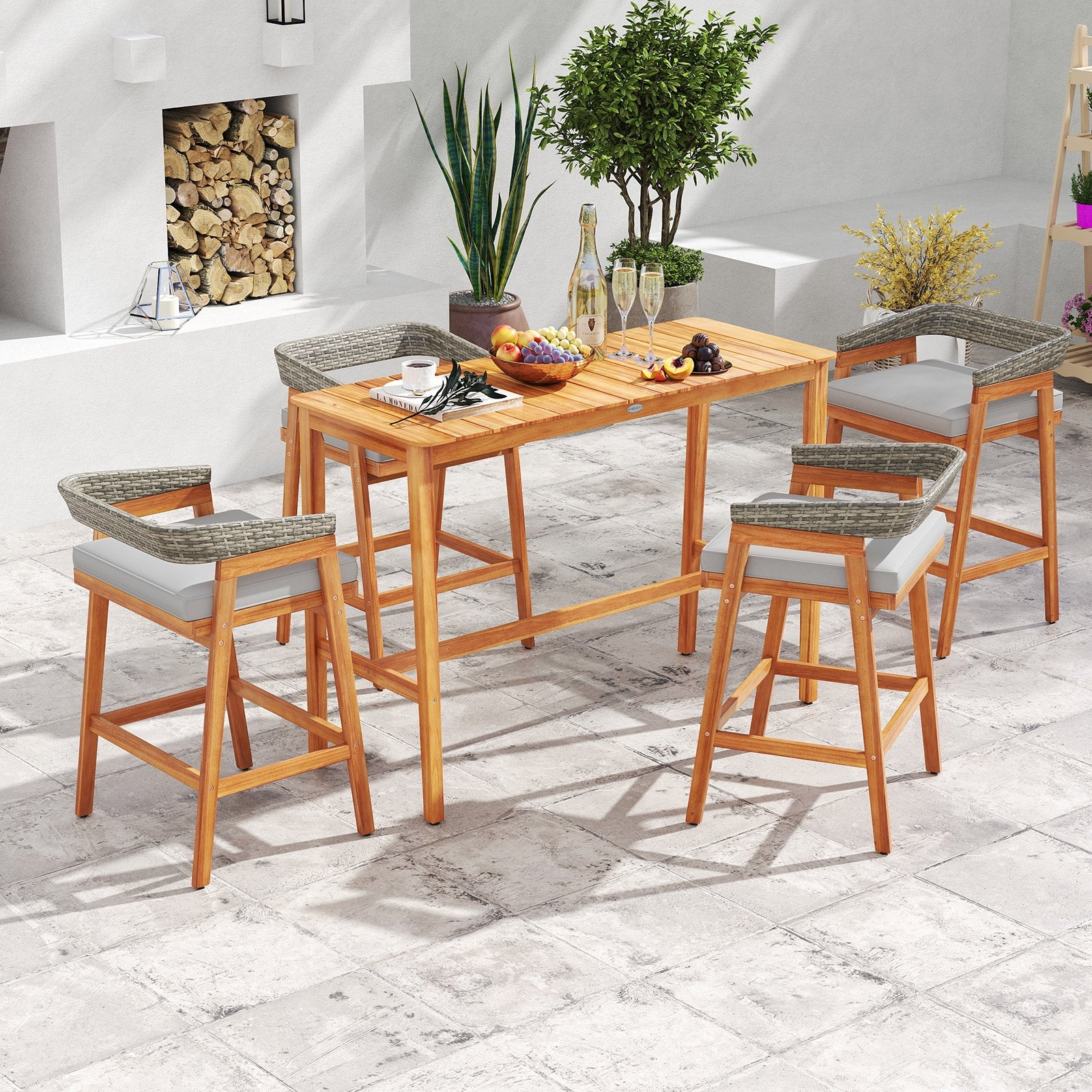 Set of 2 Patio Acacia Wood Counter Height Bar Stools with Cushions and PE Wicker Backrests Footrests, Gray Patio Bar Furniture at Gallery Canada