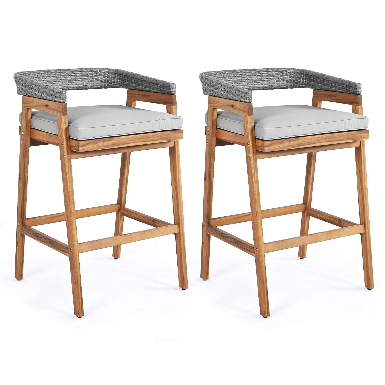 Set of 2 Patio Acacia Wood Counter Height Bar Stools with Cushions and PE Wicker Backrests Footrests, Gray Patio Bar Furniture Gray at Gallery Canada