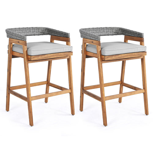 Set of 2 Patio Acacia Wood Counter Height Bar Stools with Cushions and PE Wicker Backrests Footrests, Gray