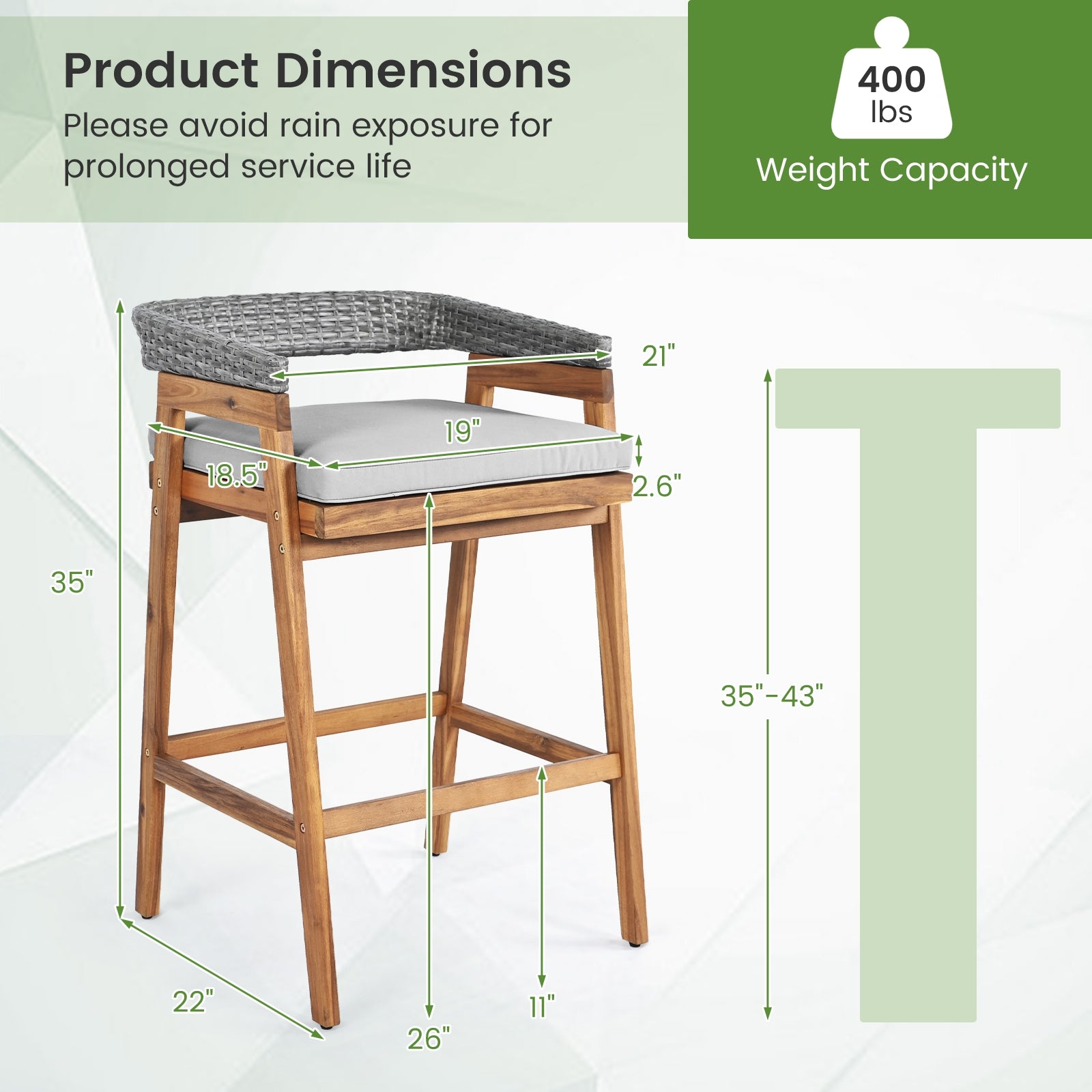 Set of 2 Patio Acacia Wood Counter Height Bar Stools with Cushions and PE Wicker Backrests Footrests, Gray Patio Bar Furniture at Gallery Canada