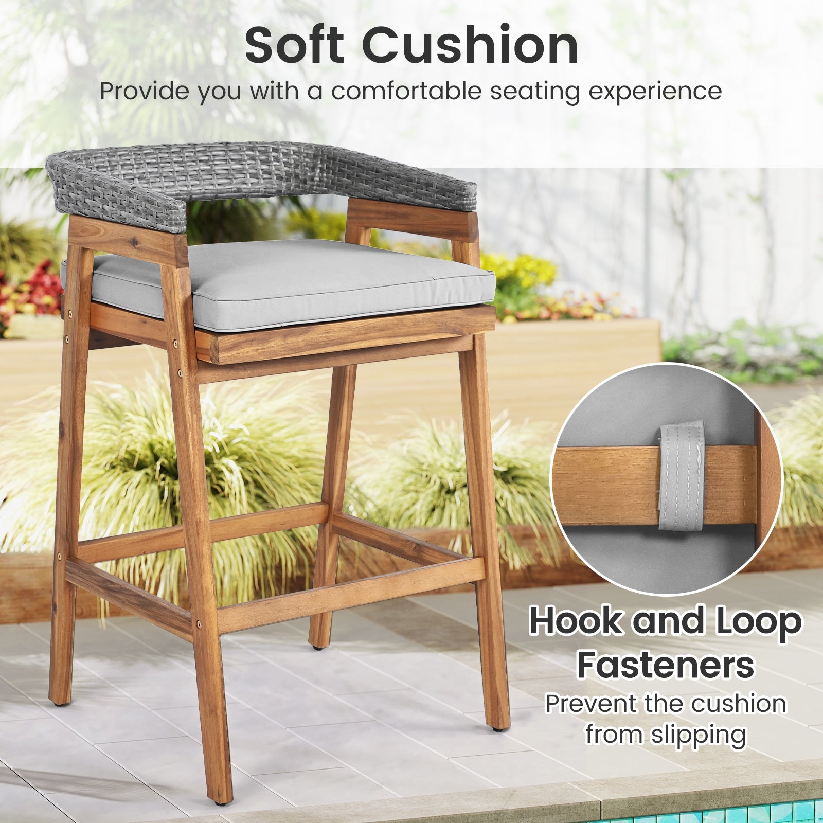 Set of 2 Patio Acacia Wood Counter Height Bar Stools with Cushions and PE Wicker Backrests Footrests, Gray Patio Bar Furniture at Gallery Canada