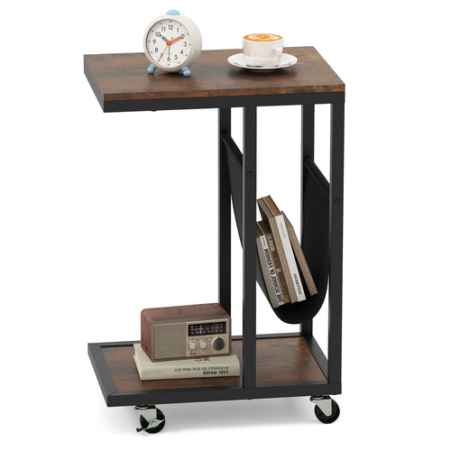 C-shaped Side Table with Canvas Storage Pouch and Metal Frame-Borwn, Brown