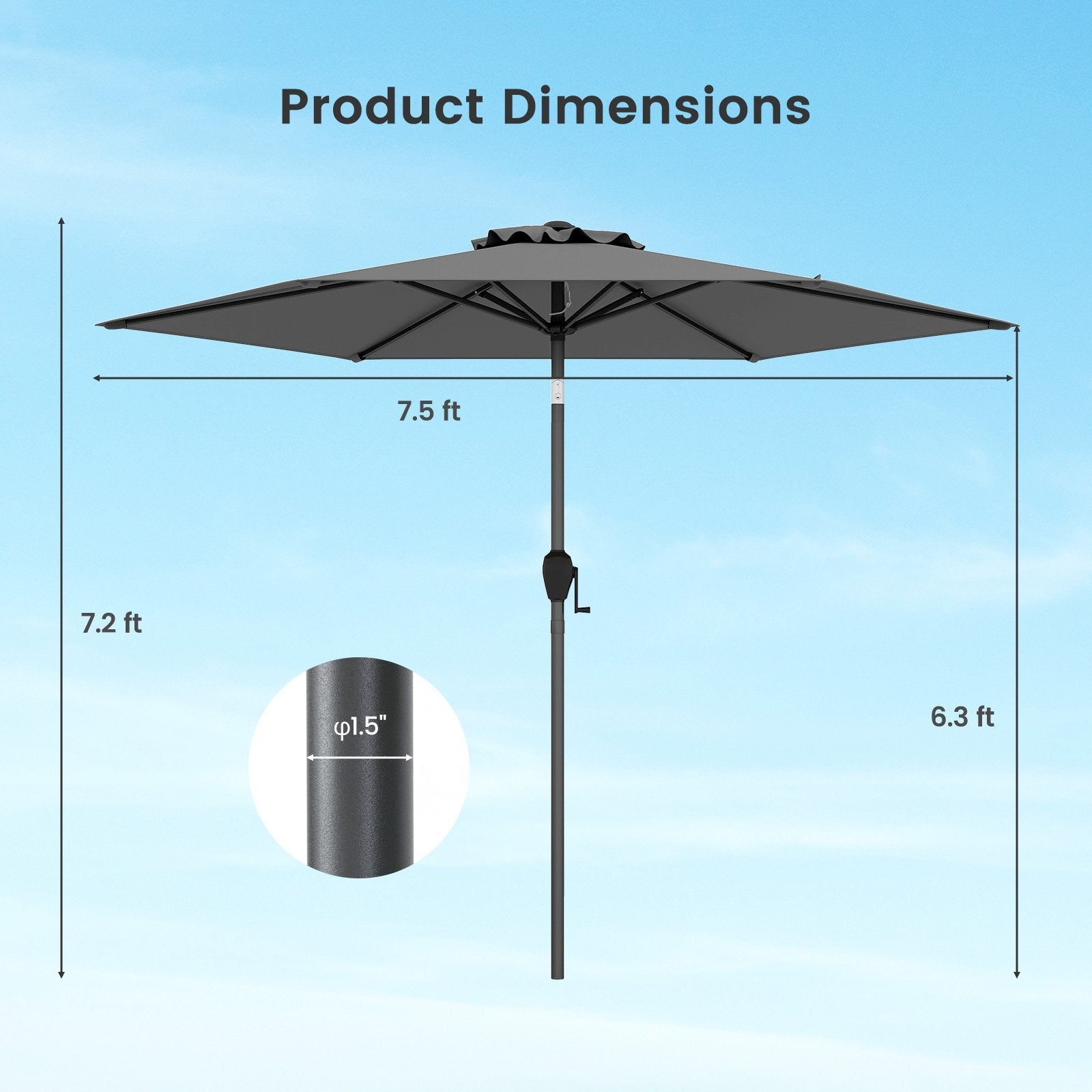 7.5 feet Outdoor Patio Heavy Duty Market Umbrella with Push Button Tilt, Gray Outdoor Umbrellas at Gallery Canada