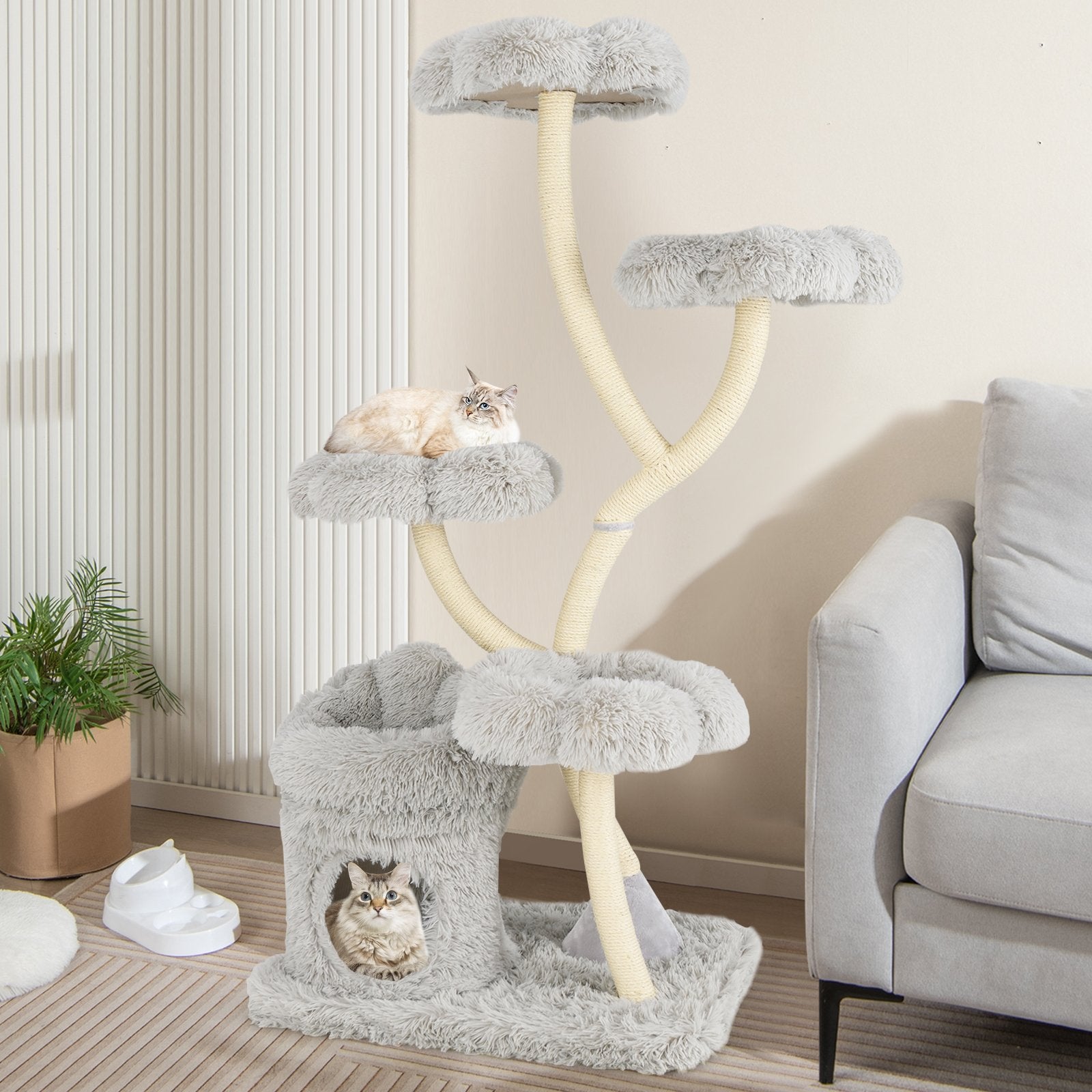 Freestanding Cat Tower with four Flower-shaped Platforms and Sisal Scratching Posts, Gray Cat Trees Condos & Scratchers at Gallery Canada