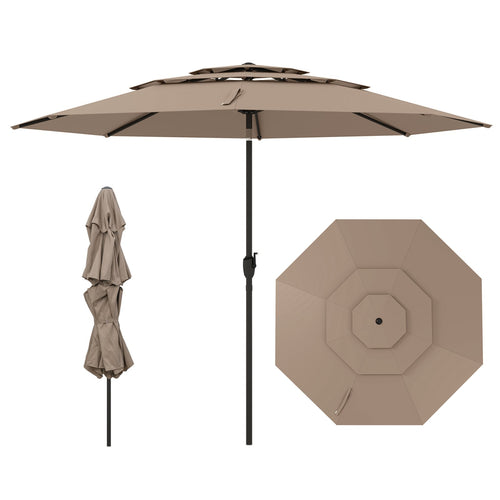 10 ft 3-tier Vented Patio Umbrella with Push Button Tilt, Brown