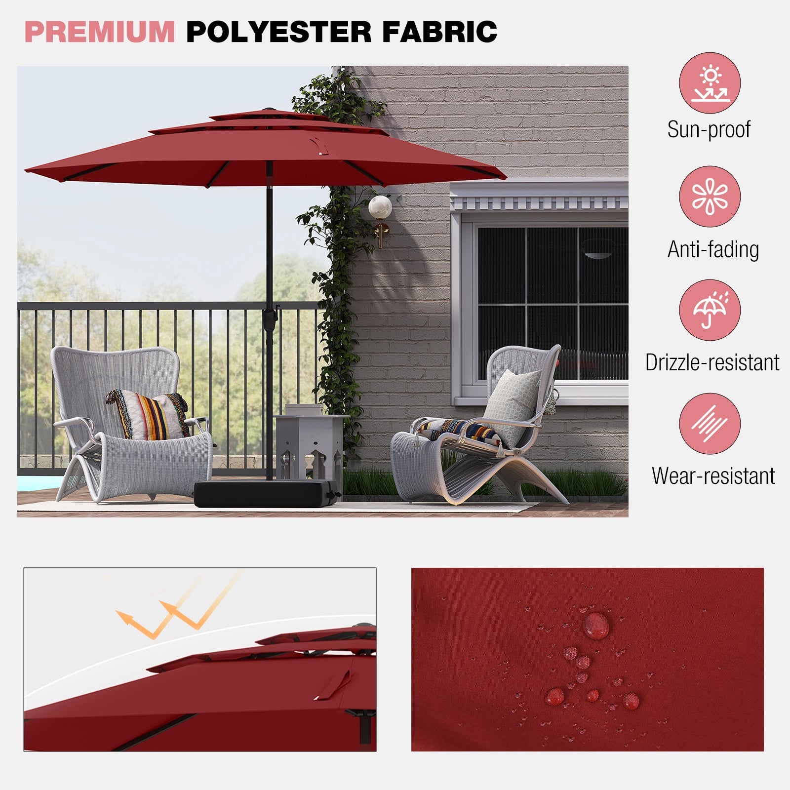 10 ft 3-tier Vented Patio Umbrella with Push Button Tilt, Red Outdoor Umbrellas at Gallery Canada