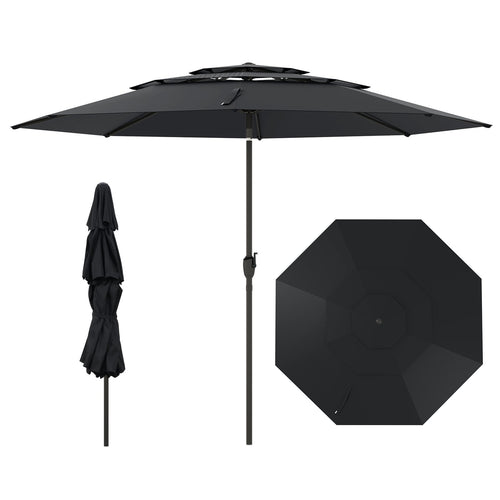 10 ft 3-tier Vented Patio Umbrella with Push Button Tilt, Black