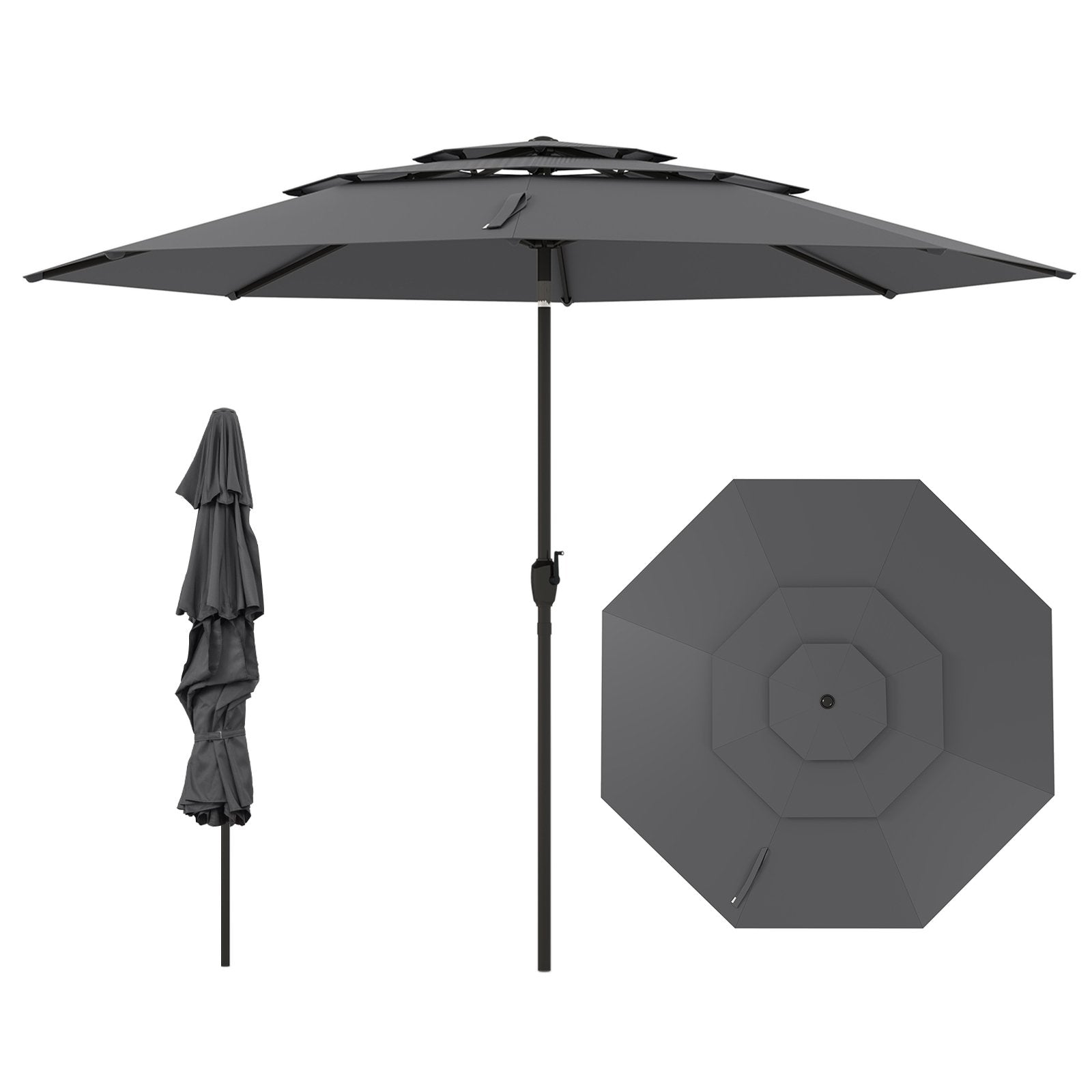10 ft 3-tier Vented Patio Umbrella with Push Button Tilt, Gray Outdoor Umbrellas Gray at Gallery Canada