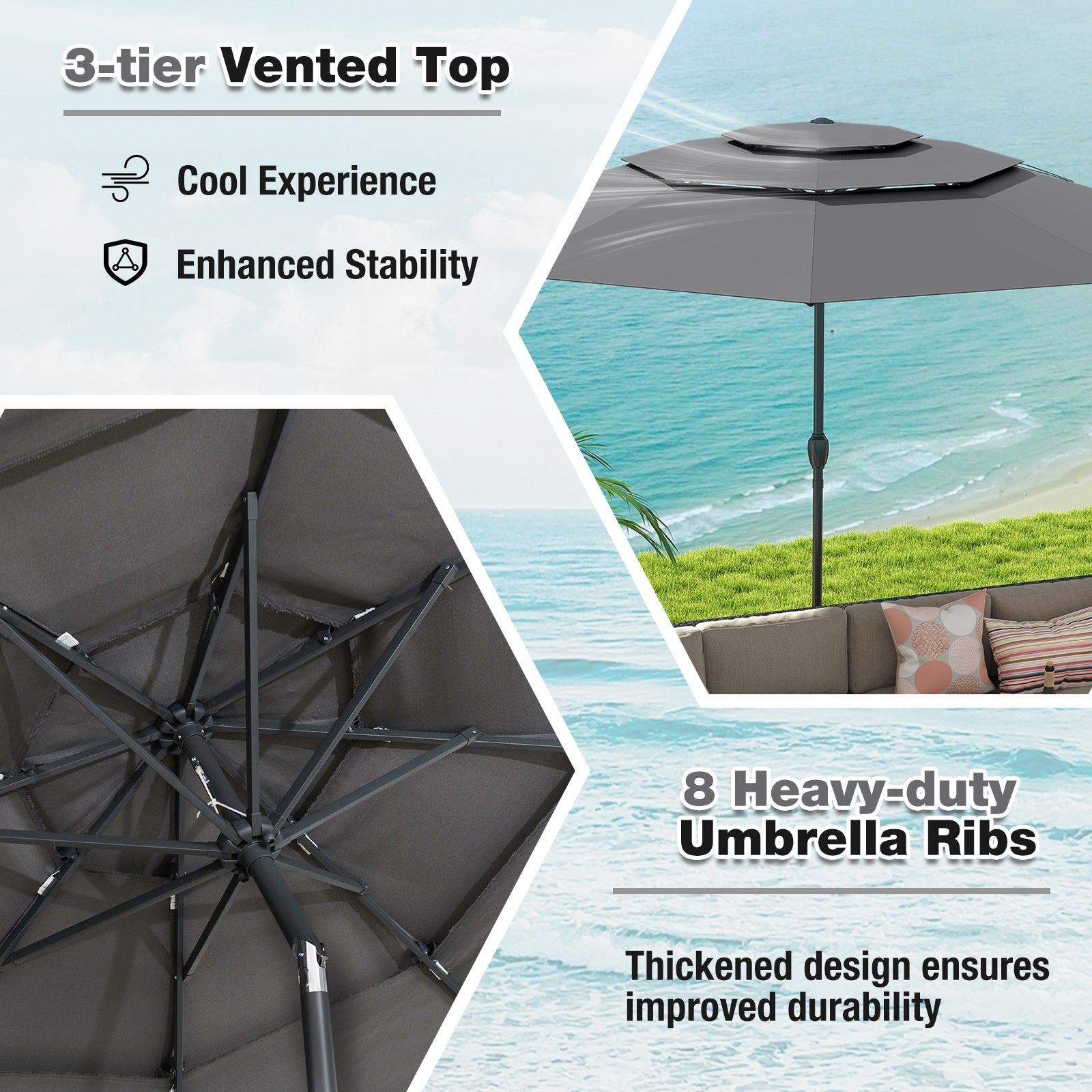 10 ft 3-tier Vented Patio Umbrella with Push Button Tilt, Gray Outdoor Umbrellas at Gallery Canada