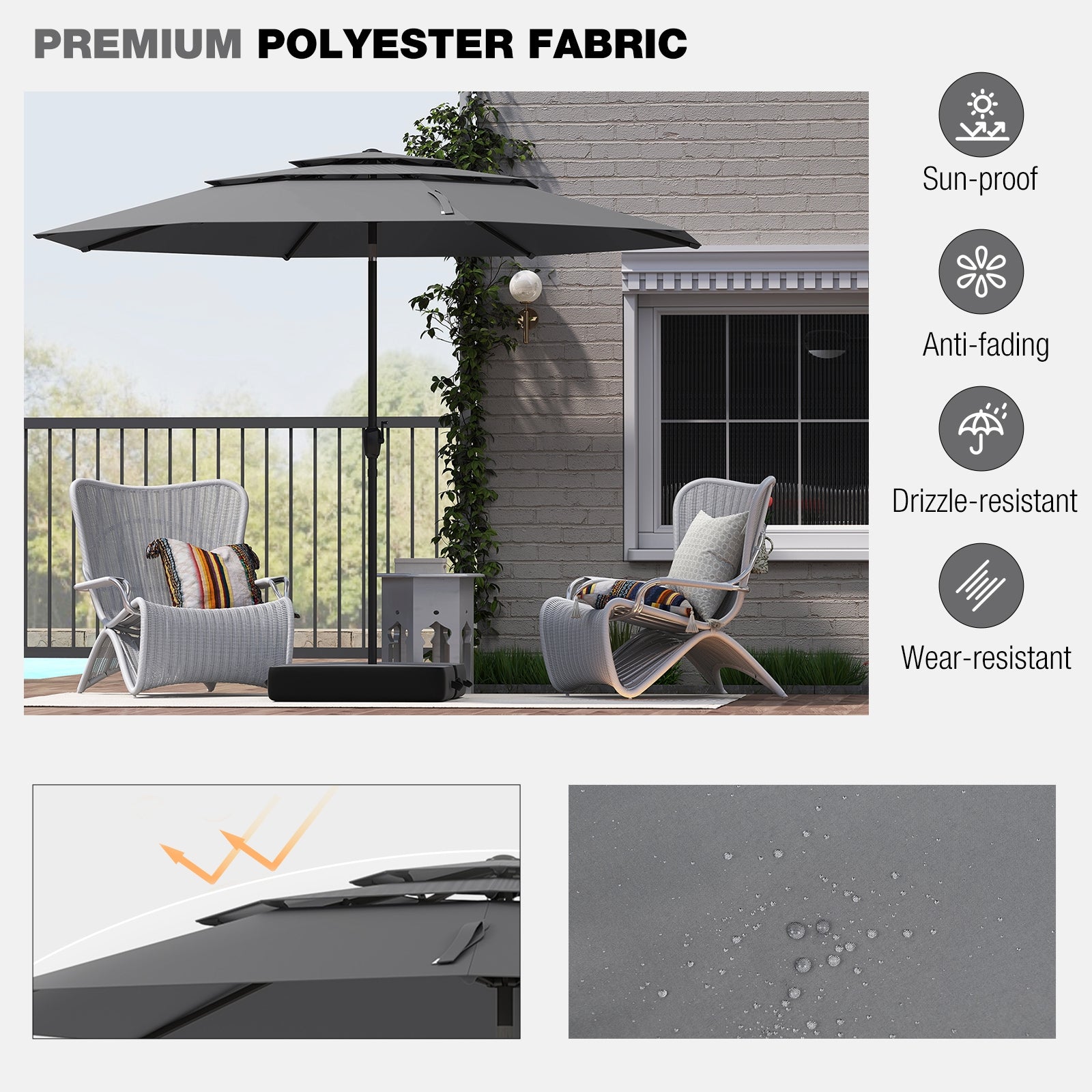 10 ft 3-tier Vented Patio Umbrella with Push Button Tilt, Gray Outdoor Umbrellas at Gallery Canada