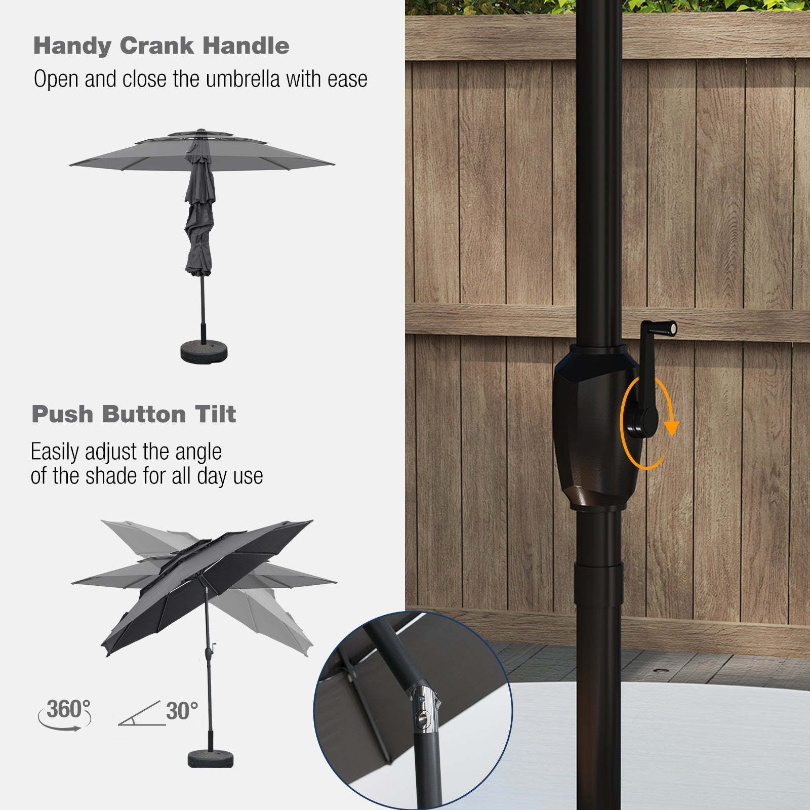 10 ft 3-tier Vented Patio Umbrella with Push Button Tilt, Gray Outdoor Umbrellas at Gallery Canada