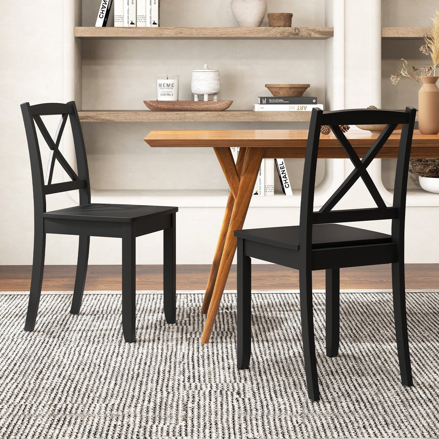 Wood Dining Chair Set of 2 with Rubber Wood Legs and Curved Backrest, Black Dining Chairs   at Gallery Canada