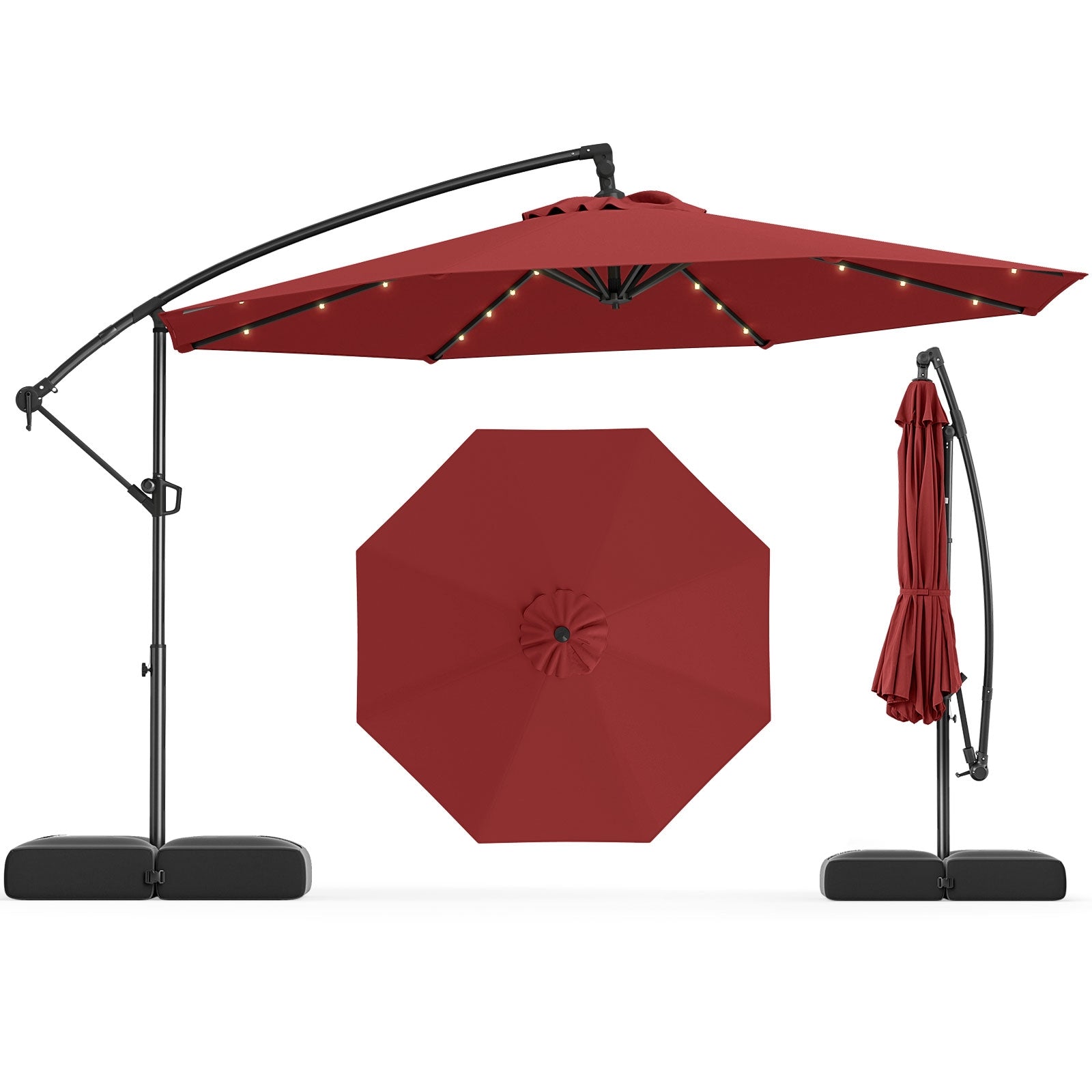 10 Feet Solar Offset Hanging Umbrella with Base and 32 LED Lights, Wine Outdoor Umbrellas Wine at Gallery Canada