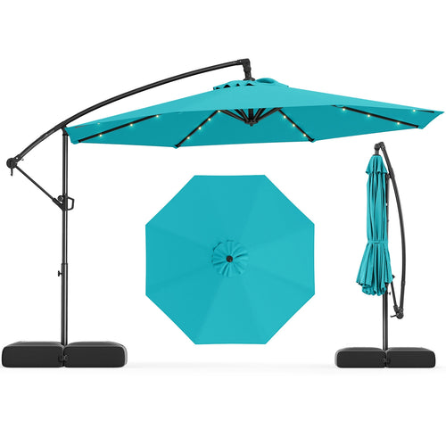 10 Feet Solar Offset Hanging Umbrella with Base and 32 LED Lights, Turquoise