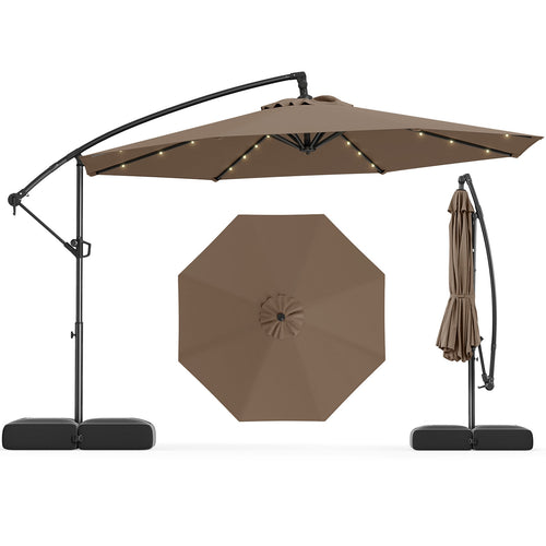 10 Feet Solar Offset Hanging Umbrella with Base and 32 LED Lights, Taupe