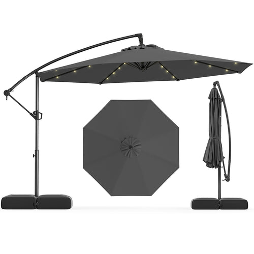 10 Feet Solar Offset Hanging Umbrella with Base and 32 LED Lights, Gray