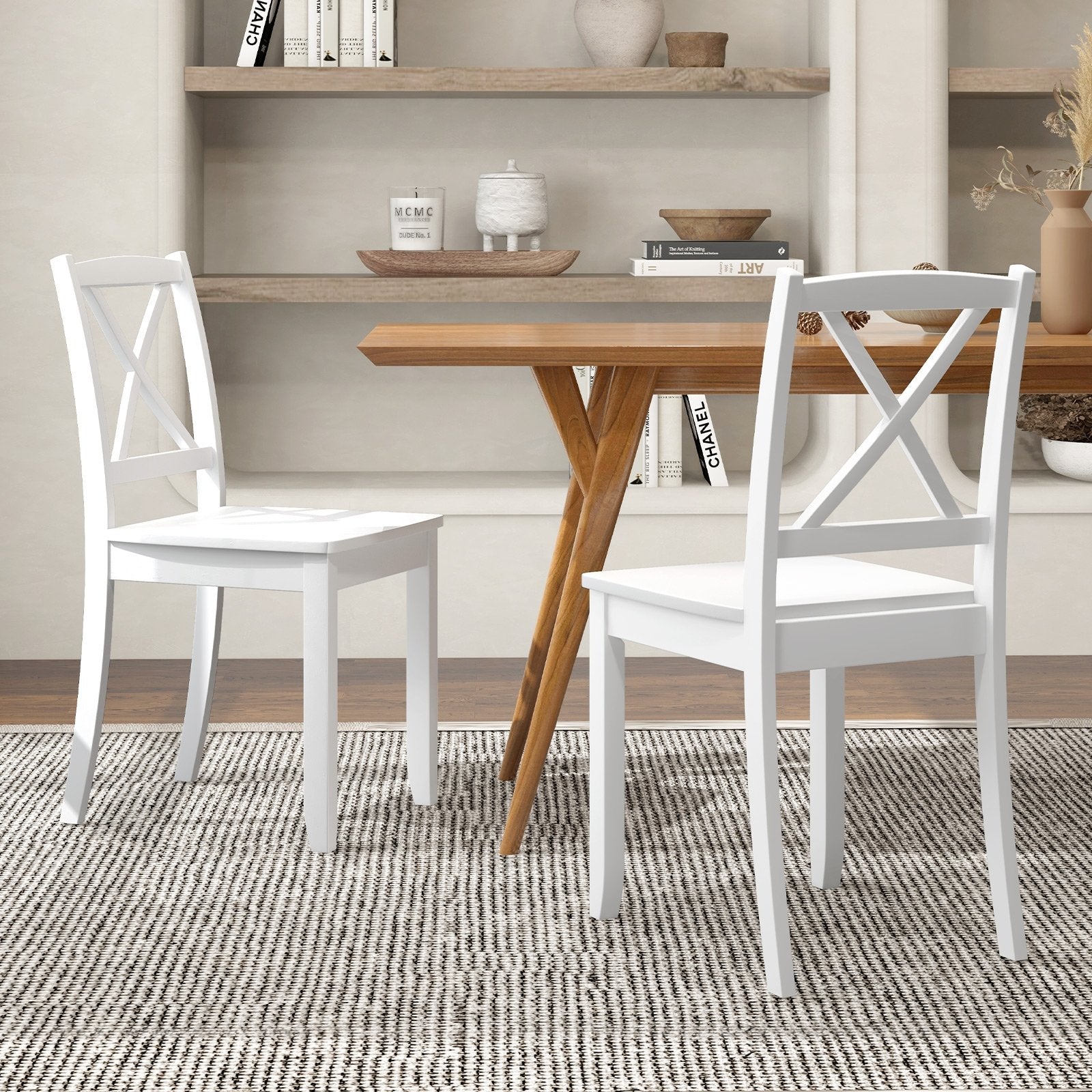 Wood Dining Chair Set of 2 with Rubber Wood Legs and Curved Backrest, White Dining Chairs   at Gallery Canada