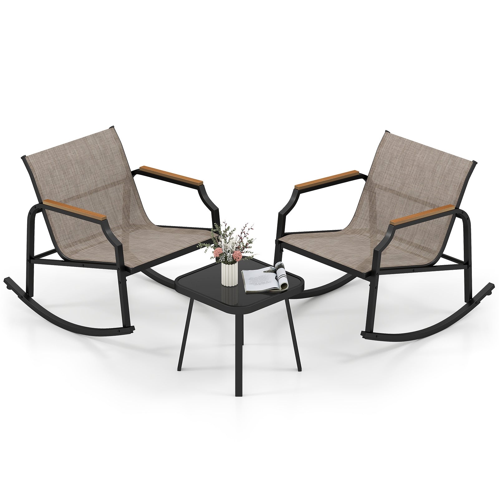 3 Piece Patio Rocking Bistro Set with Tempered Glass Coffee Table and Armrests for Porch, Brown Patio Conversation Sets Brown at Gallery Canada