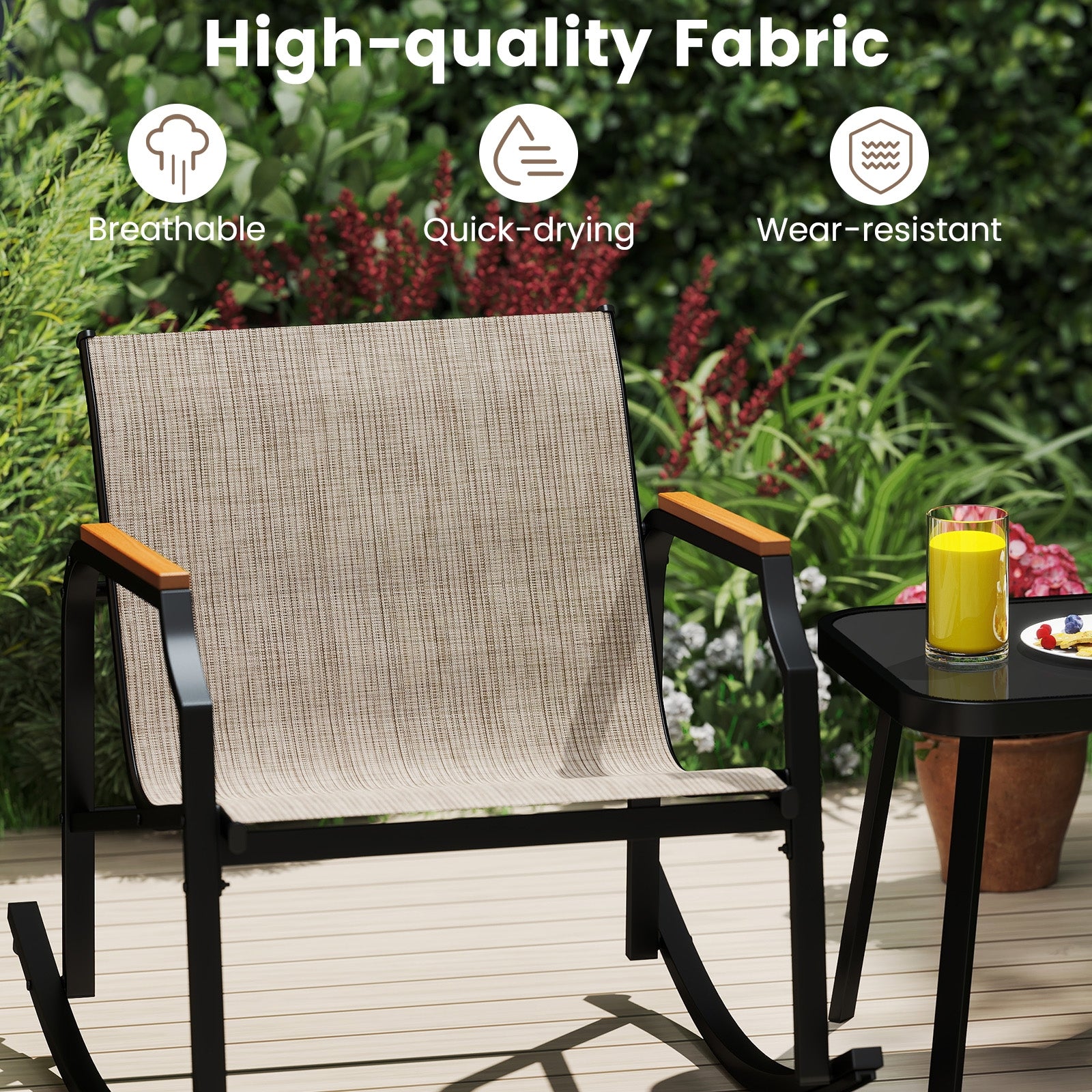 3 Piece Patio Rocking Bistro Set with Tempered Glass Coffee Table and Armrests for Porch, Brown Patio Conversation Sets at Gallery Canada