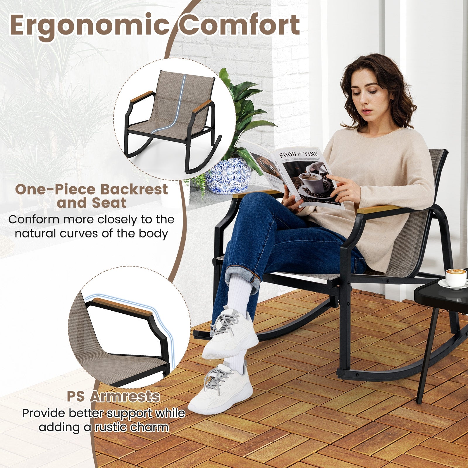 3 Piece Patio Rocking Bistro Set with Tempered Glass Coffee Table and Armrests for Porch, Brown Patio Conversation Sets at Gallery Canada