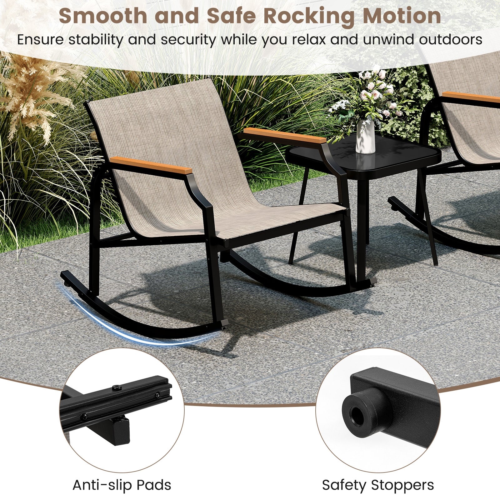 3 Piece Patio Rocking Bistro Set with Tempered Glass Coffee Table and Armrests for Porch, Brown Patio Conversation Sets at Gallery Canada