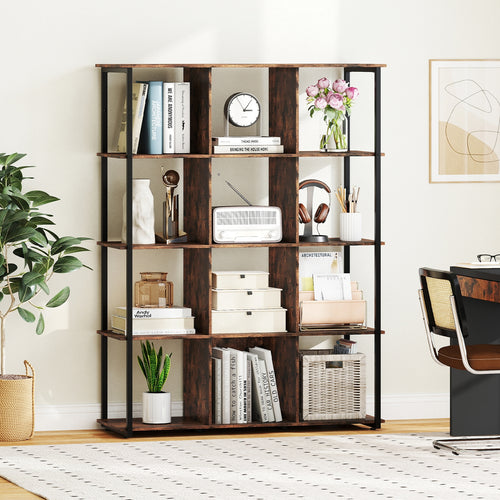 12-Cube Bookcase with 2 Anti-tipping Kits for Living Room, Rustic Brown