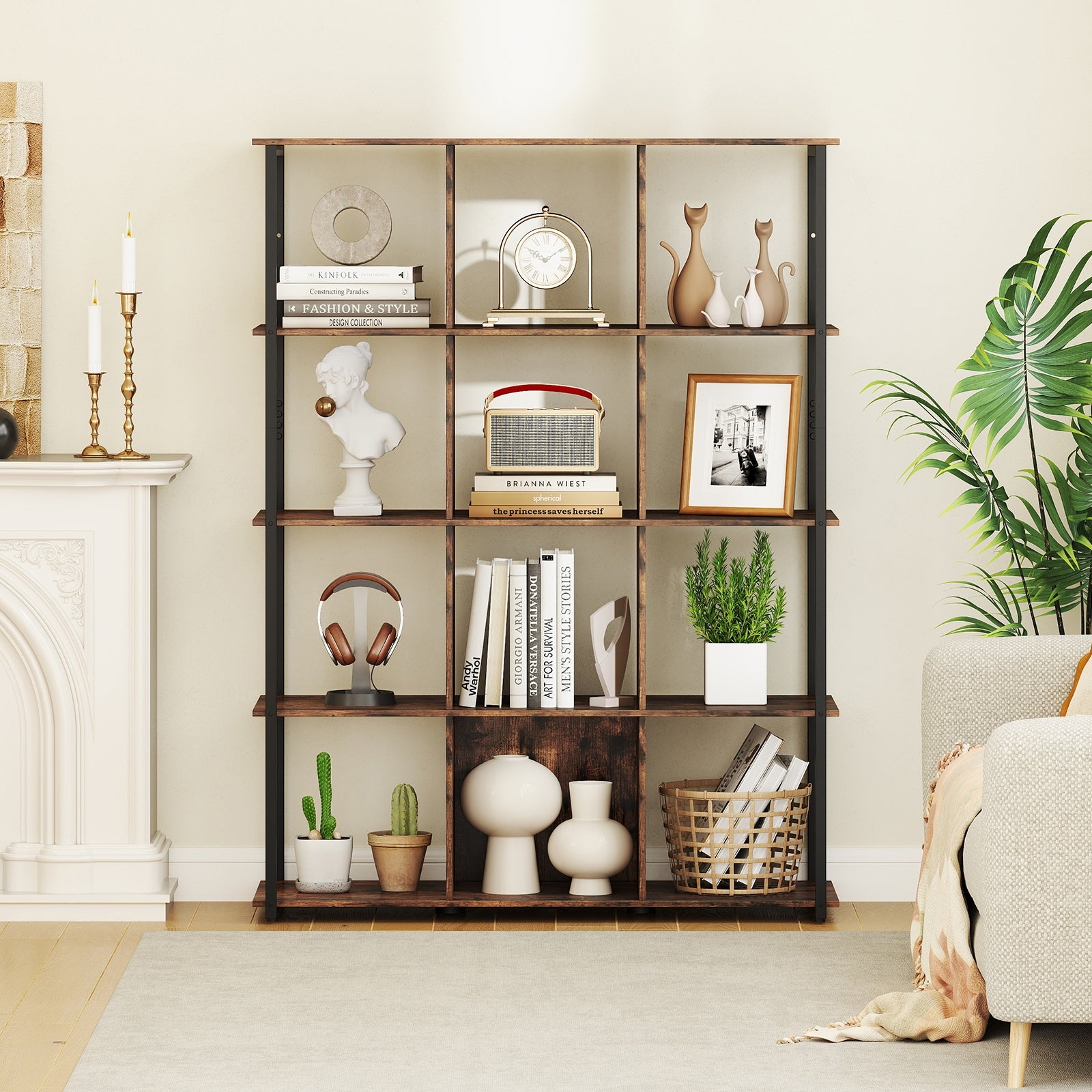12-Cube Bookcase with 2 Anti-tipping Kits for Living Room, Rustic Brown Bookcases at Gallery Canada