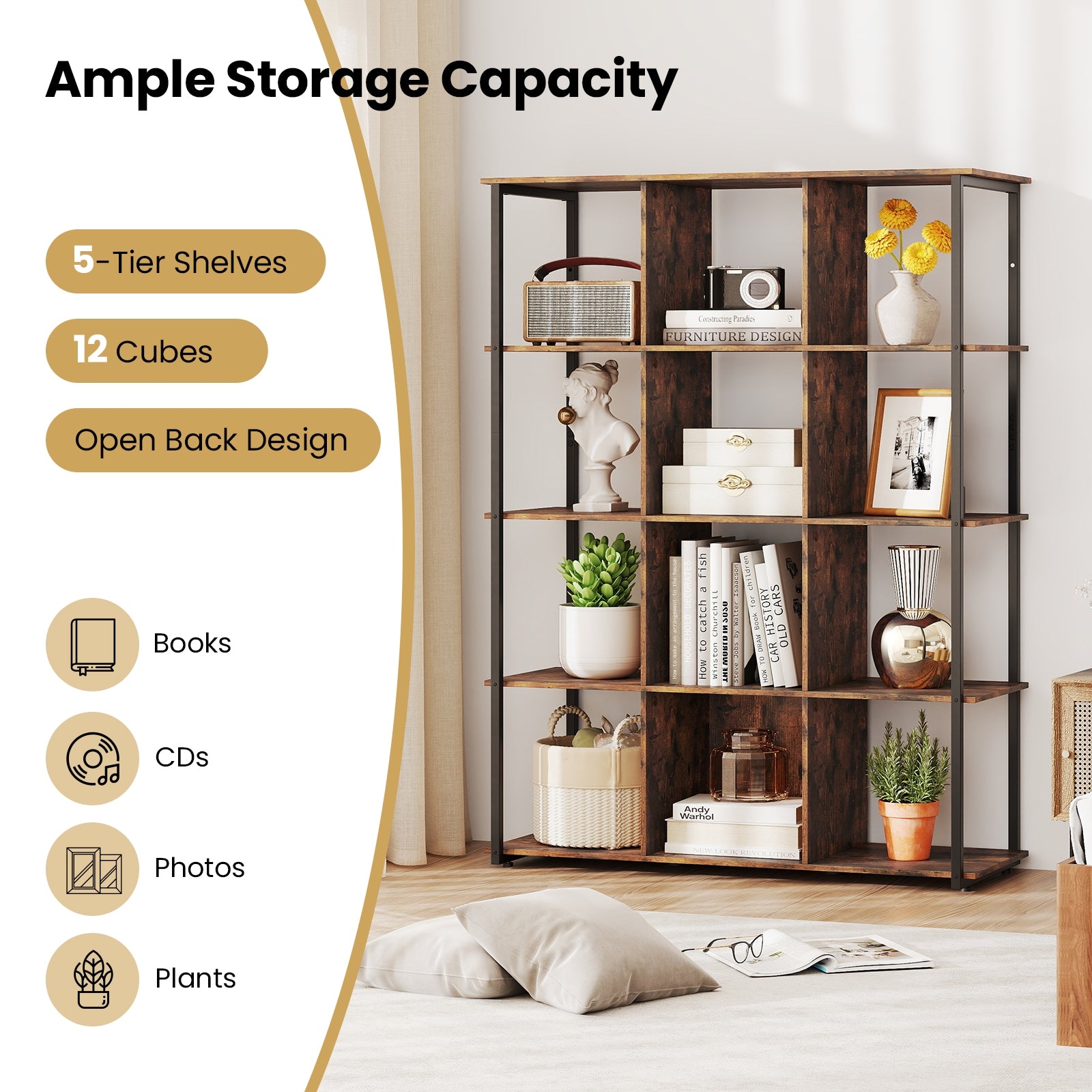12-Cube Bookcase with 2 Anti-tipping Kits for Living Room, Rustic Brown Bookcases at Gallery Canada