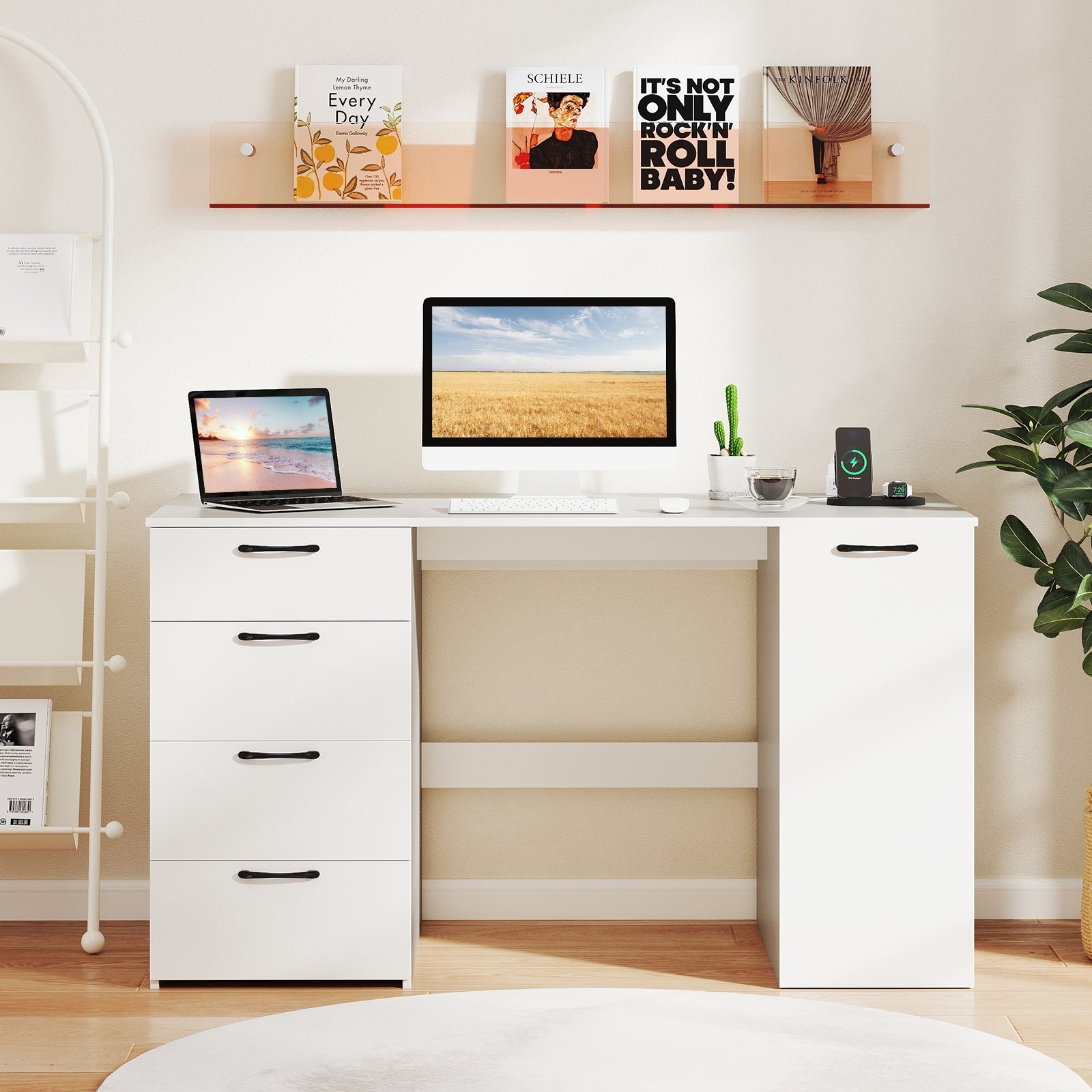 53 Inches Computer Desk with Power Outlets and 4 Storage Drawers, White Computer Desks at Gallery Canada