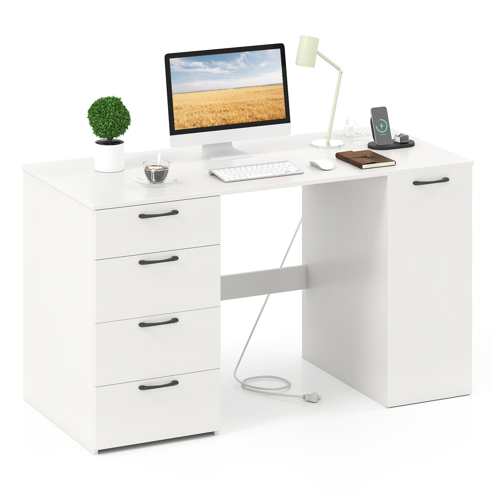 53 Inches Computer Desk with Power Outlets and 4 Storage Drawers, White Computer Desks at Gallery Canada