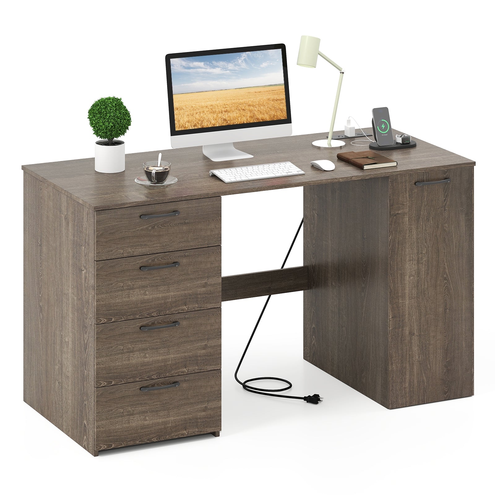 53 Inches Computer Desk with Power Outlets and 4 Storage Drawers, Gray Computer Desks at Gallery Canada