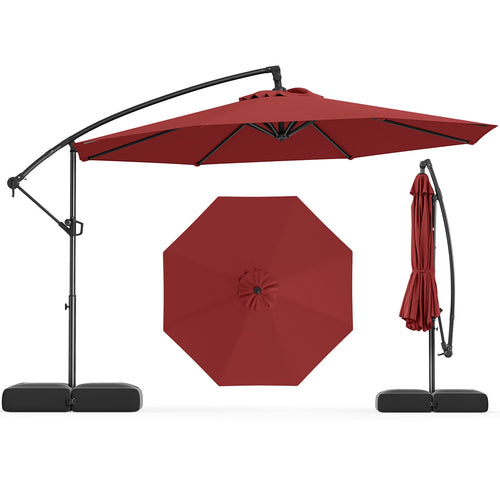 10 Feet Offset Hanging Umbrella with Base Patio Cantilever Umbrella with Tilt, Red