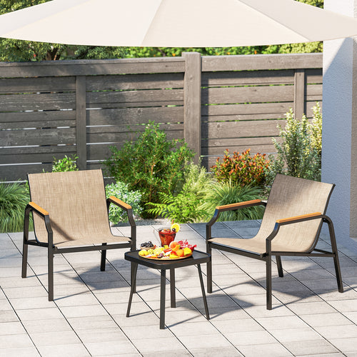 3 Piece Outdoor Chair Set with Breathable Fabric Seat and Armrests, Brown