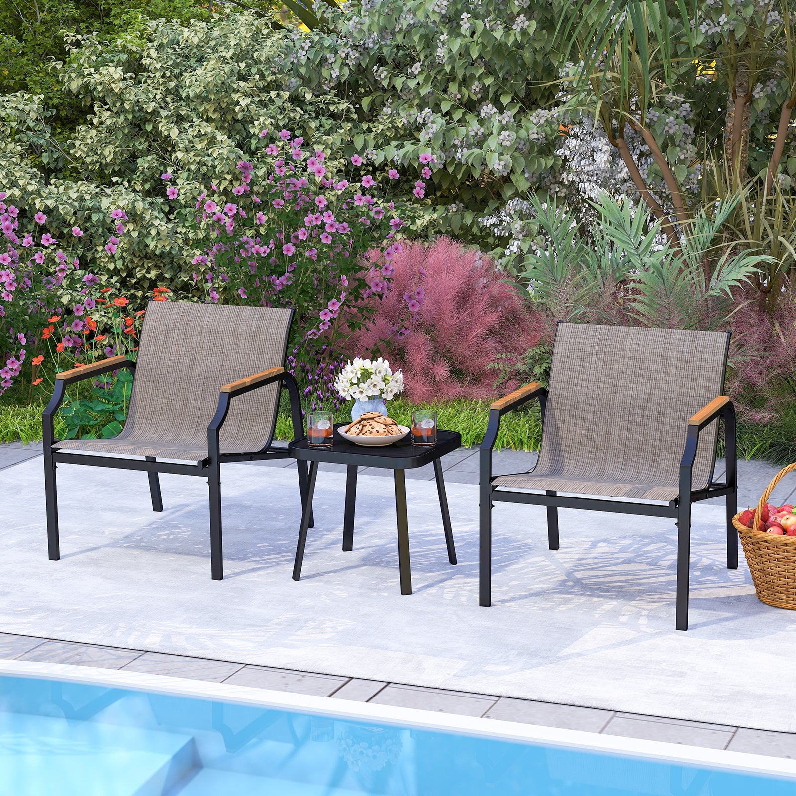 3 Piece Outdoor Chair Set with Breathable Fabric Seat and Armrests, Brown Patio Conversation Sets at Gallery Canada