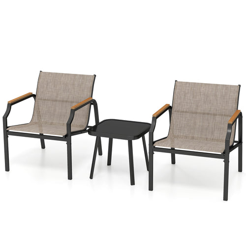 3 Piece Outdoor Chair Set with Breathable Fabric Seat and Armrests, Brown