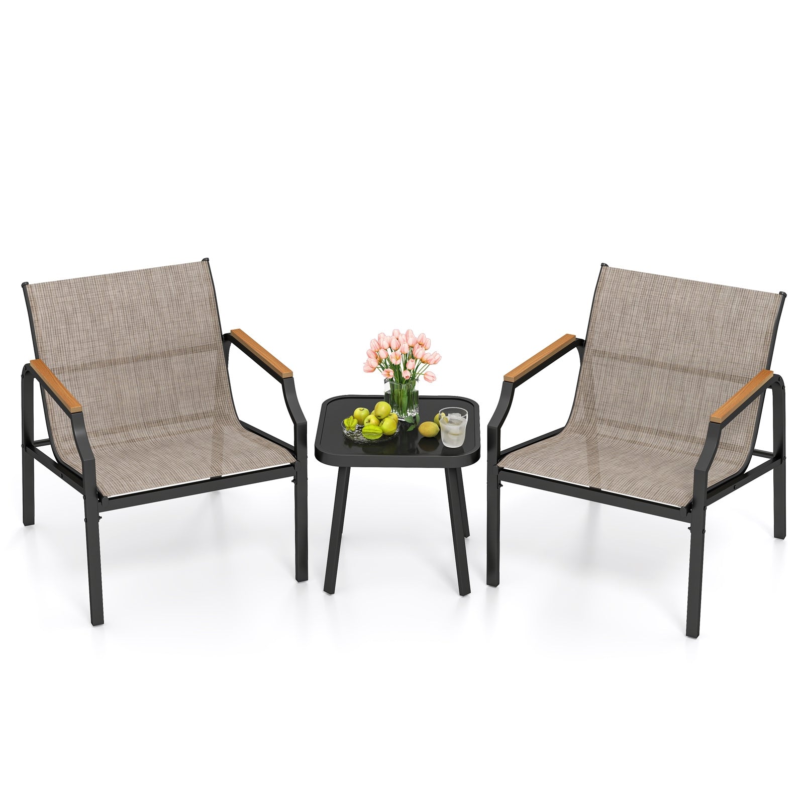 3 Piece Outdoor Chair Set with Breathable Fabric Seat and Armrests, Brown Patio Conversation Sets at Gallery Canada