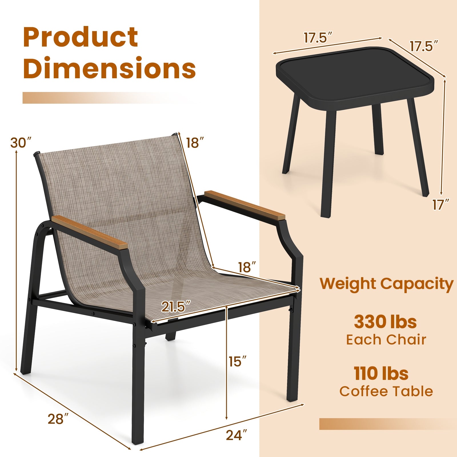 3 Piece Outdoor Chair Set with Breathable Fabric Seat and Armrests, Brown Patio Conversation Sets at Gallery Canada